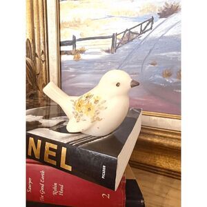 Fenton Hand Painted Custard Satin Glass Bird Figurine — Signed Floral Bird